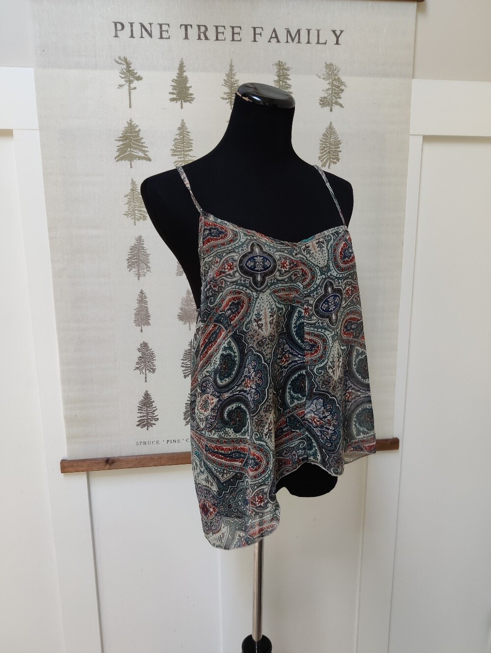 Holly Bracken Paisley Print Sheer Cami Cross-Back Tank Top